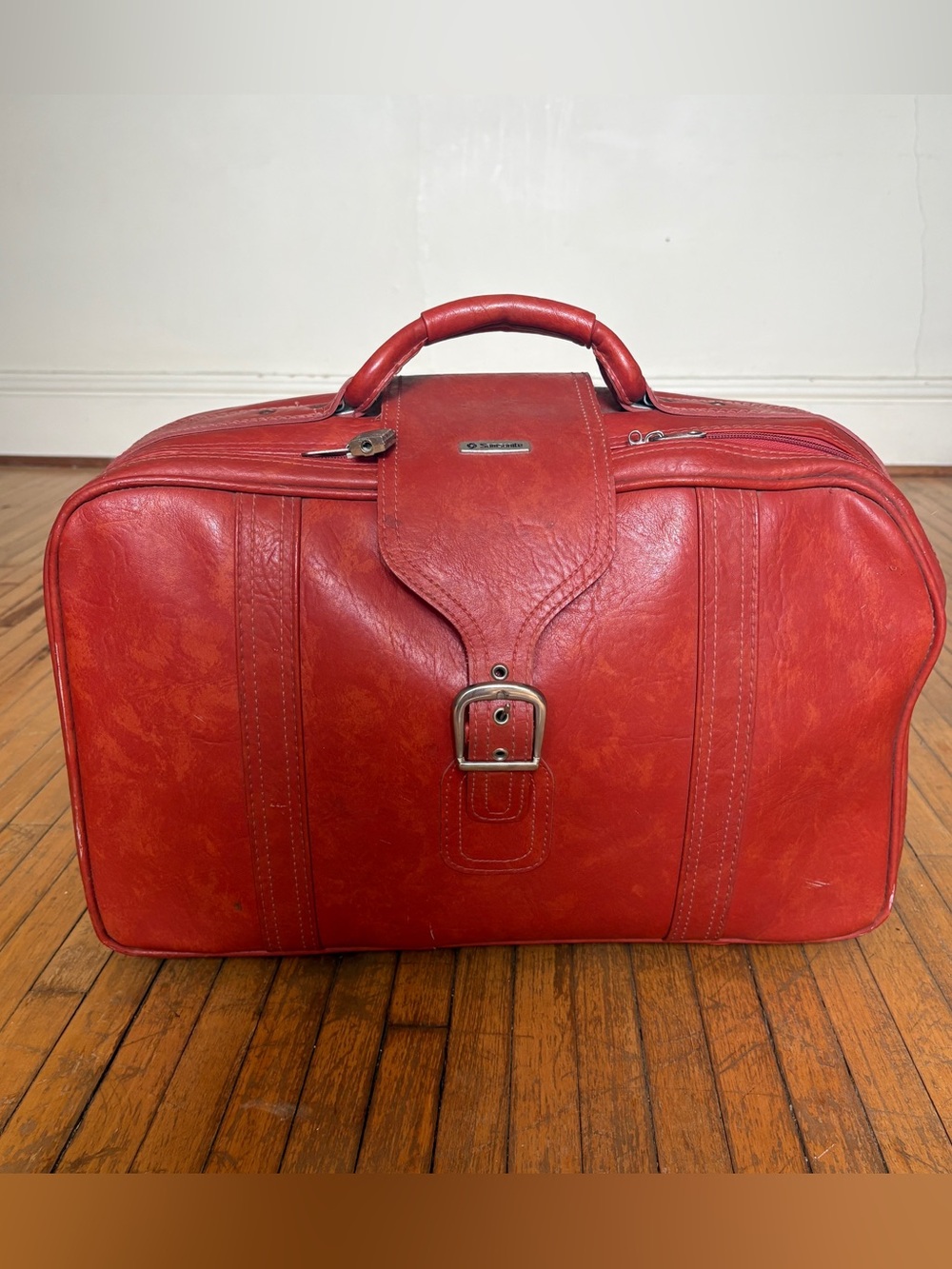 Vintage Samsonite Red Leather Travel Duffle Weekender Bag with Top Handle